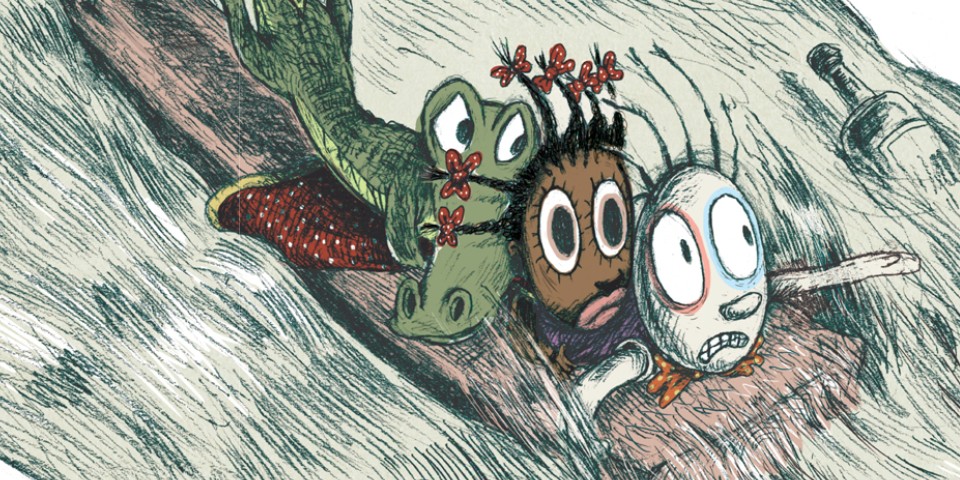 To dukker og krokodille på et stykke træ ned af en flod
