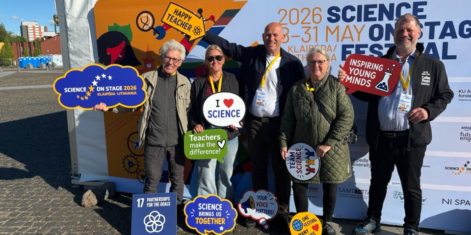 Den danske delegation ved Science on Stage 2026 i Klaipeda, Lithuania: Ole Haubo Christensen, Julie Michala Svensson, Hans-Christian Borggreen Keller, Susanne Baunsgaard, Michael Fynsk